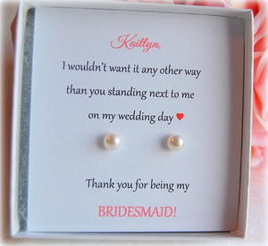 Pearl stud earrings on personalized card thank you for being my bridesmaid
