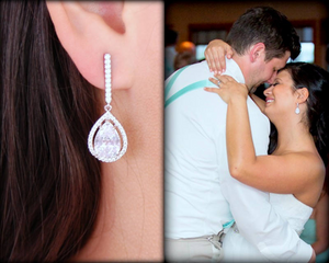 Long Stunning Teardrrop Earrings worn by bride on wedding day