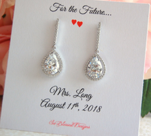Long Silver Teardrop earrings with for the future Mrs jewelry card