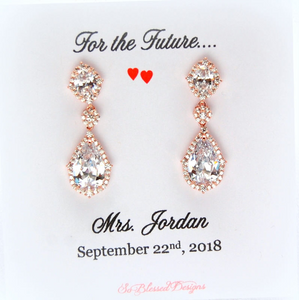 Long Elegant Bridal Earrings in Rose Gold displayed on For the future Mrs jewelry card
