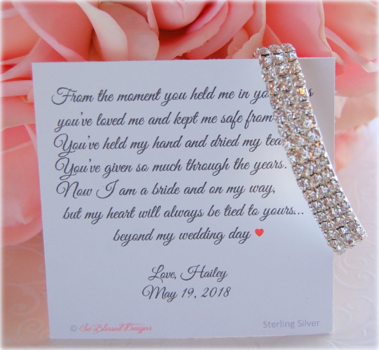 cubic zirconia bracelet displayed on mother of the bride jewelry card