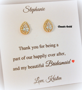 Gold Bridesmaid Earrings with Personalized Jewelry Card 