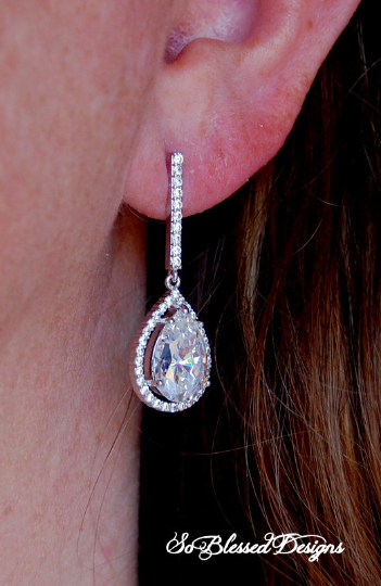 Sterling silver and CZ long earrings worn by bride on wedding day