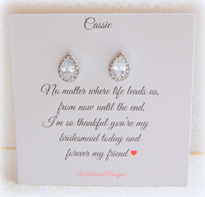 sterling silver teardrop earrings displayed on bridesmaid jewelry card