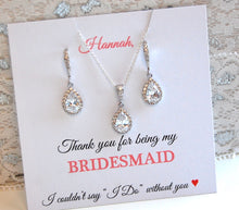 Personalized Bridesmaid card with CZ earrings and necklace attached