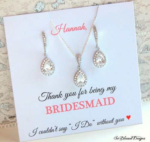Sterling silver cubic zirconia earrings and necklace for bridesmaids