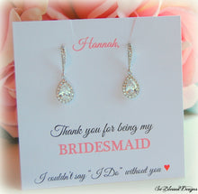 Silver cubic zirconia Dangle Bridesmaid Earings on personalized jewelry card