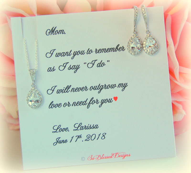 Silver teardrop earrings and necklace set for Mother of the Bride on personalized jewelry card