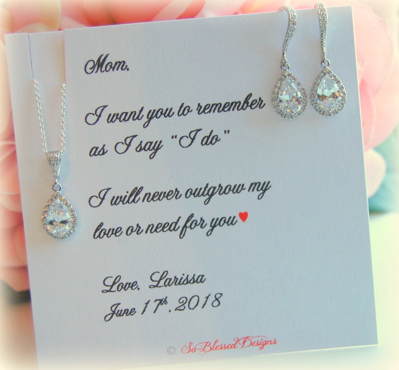 Gift set for mother of the bride includes cubic zirconia earrings and necklace