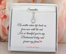 Personalized card with bridesmaids name with cubic zirconia teardrop necklace
