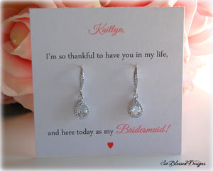 teardrop earrings displayed on a personalized jewelry card will you be my bridesmaid