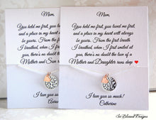 Set of two family tree necklaces with personalized cards for Mom