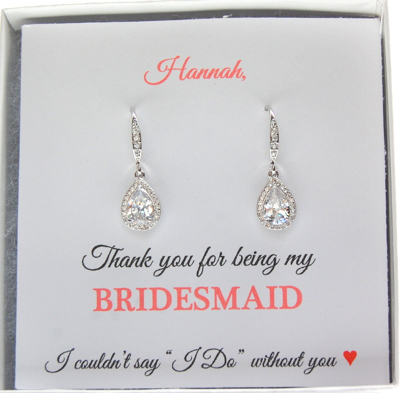 Thank you Bridesmaid Card with silver dangle earrings for bridesmaid gifts