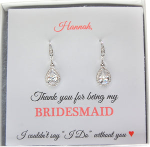 Thank you Bridesmaid Card with silver dangle earrings for bridesmaid gifts
