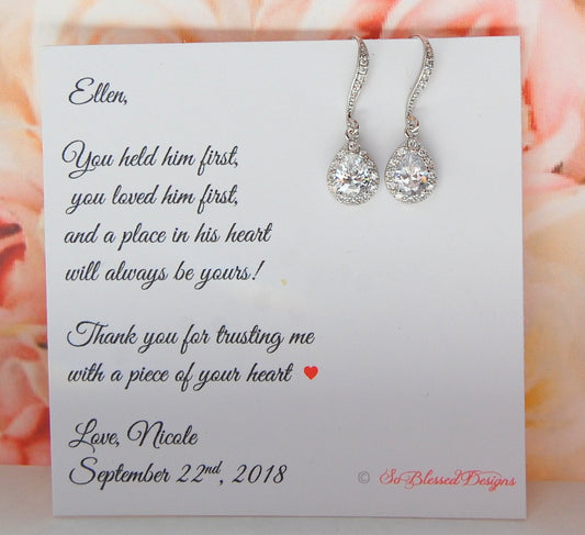 CZ Teardrop earrings displayed on Mother of the Groom jewelry card