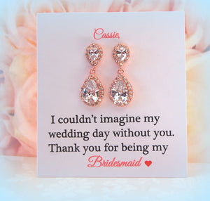 Rose Gold Bridesmaid earrings on card thank you for being my bridesmaid