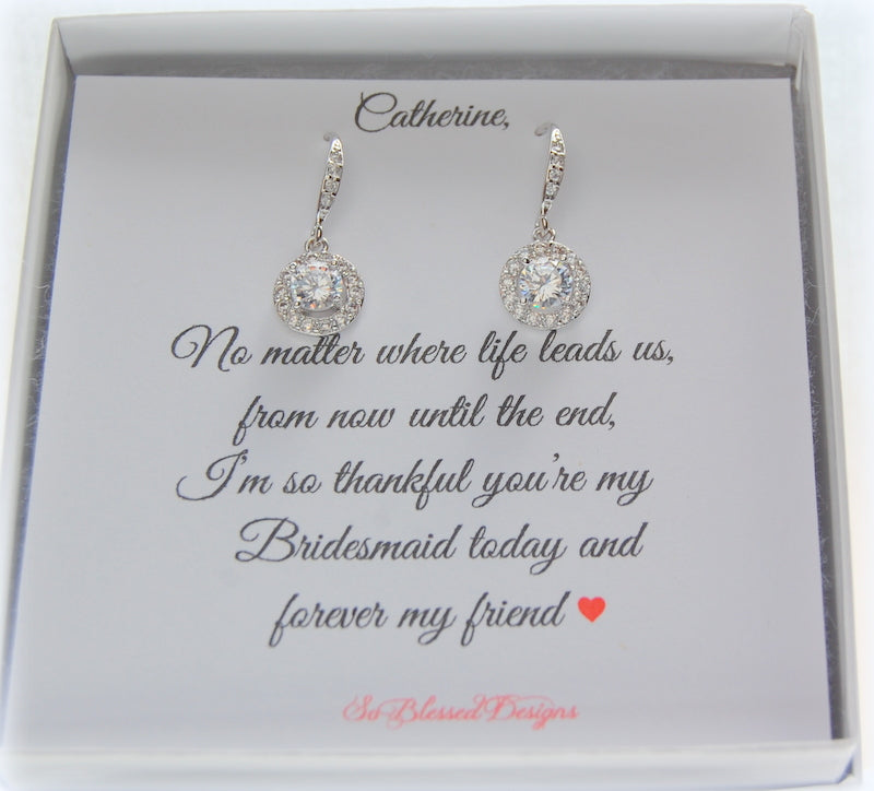 Solitair cubic zirconia earrings with personalized will you be my bridesmaid card