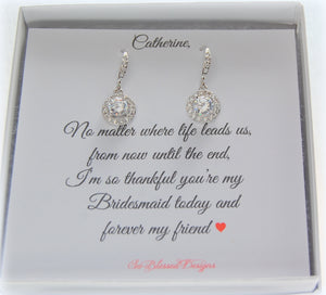 Solitair cubic zirconia earrings with personalized will you be my bridesmaid card