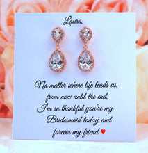 Rose gold earrings attached to thank you for being my bridesmaid card