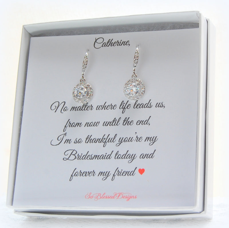 Pair of sterling silver solitaire CZ earrings on personalized card for bridesmaids