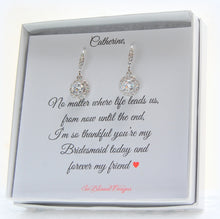Pair of sterling silver solitaire CZ earrings on personalized card for bridesmaids