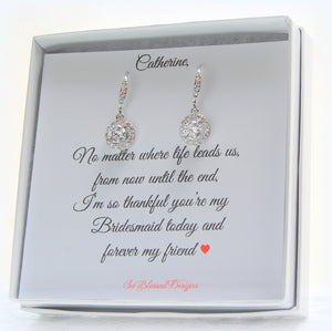 Pair of sterling silver solitaire CZ earrings on personalized card for bridesmaids