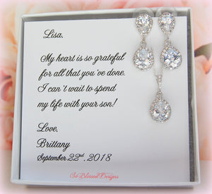 Mother of the groom gift set includes cz earrings and teardrop necklace