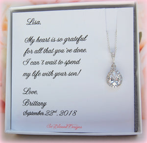 Silver teardrop cz necklace for mother of the groom