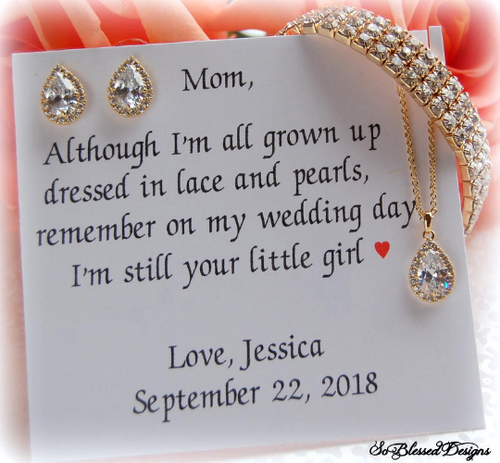 Gold Mother of the Bride Gift Set with earrings necklace bracelet on personalized mother of bride card