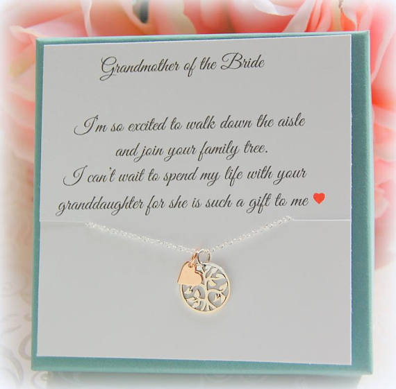 Grandmother of the Bride Necklace displayed on custom jewelry card 