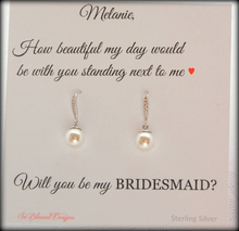 Pearl drop earrings with will you be my bridesmaid card 