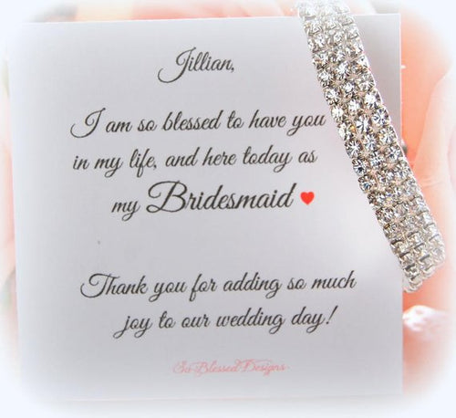 Cubic zirconia bracelet on thank you for being my bridesmaid card