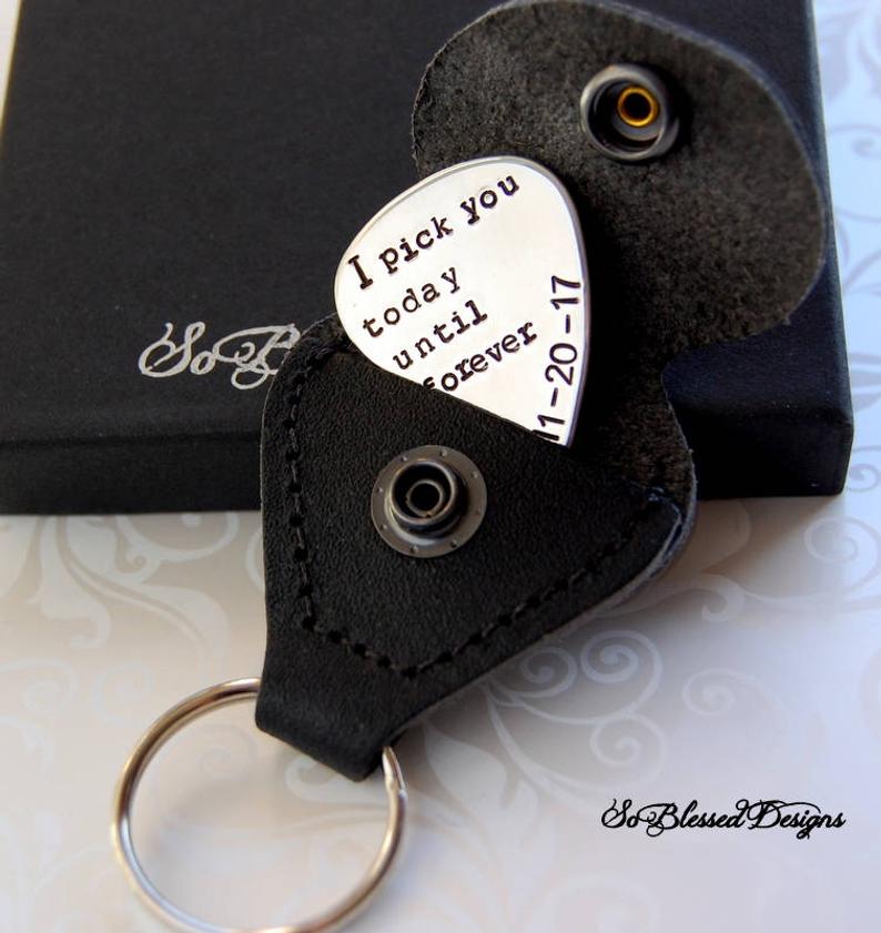 groom gift from bride custom guitar pick keychain