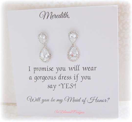 Will you be my Maid of Honor card with teardrop earrings displayed
