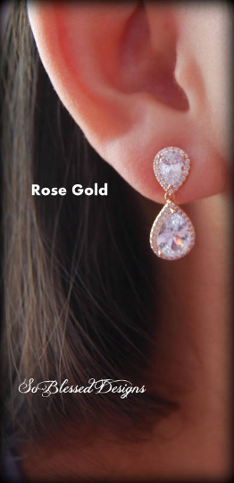 Rose Gold Teardrop Wedding earrings worn by bridesmaid