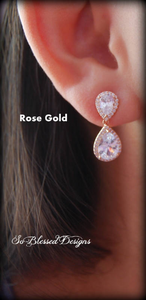 Rose Gold Teardrop Wedding earrings worn by bridesmaid