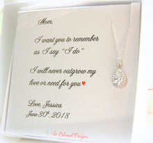 Teardrop necklace displayed on mother of the bride mother of the groom jewelry card