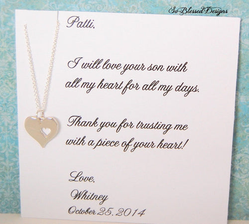 Heart pendant necklace with mother of the groom jewelry card