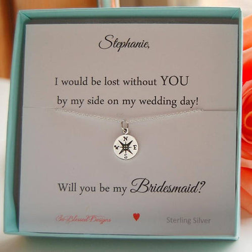Compass necklace displayed on personalized card for bridesmaid gift Will you be my Bridesmaid