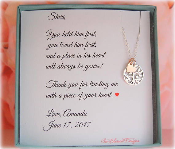 Sterling silver and rose gold family tree necklace with a thank you card to mother of the groom