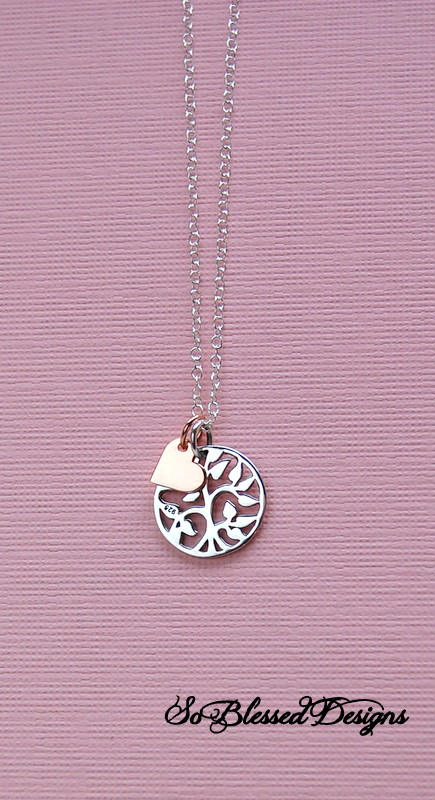 sterling silver family tree necklace with tiny rose gold heart