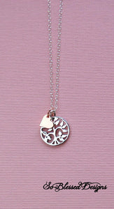 sterling silver family tree necklace with tiny rose gold heart