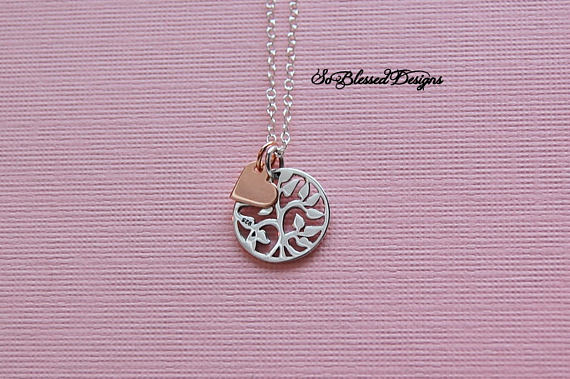 shiny sterling silver family tree necklace with rose gold heart accent