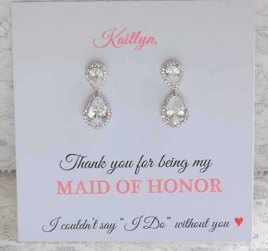 thank you for being my bridesmaid card and earrings set