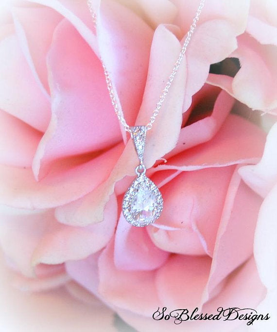 Sterling silver cubic zirconia teardrop pendant necklace