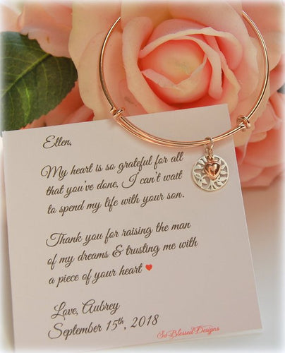 Rose Gold bracelet for mother of the groom on personalized jewelry card