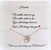 Round solitaire cz necklace with thank you card for bridesmaids 