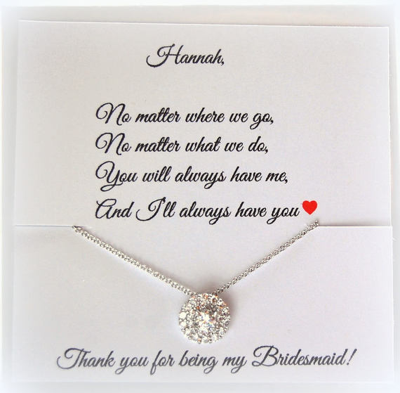 Round solitaire cz necklace with thank you card for bridesmaids 