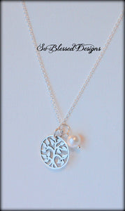 silver family tree necklace with pearl charm for mother of groom