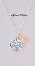 Sterling silver family tree pendant with tiny pearl charm